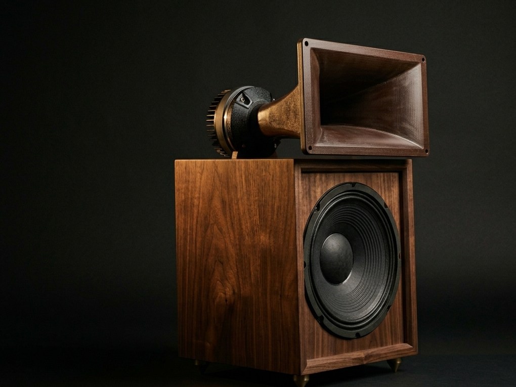 Altavoz de bocina DIL AUDIO en madera, driver de compresión y bocina expuestos