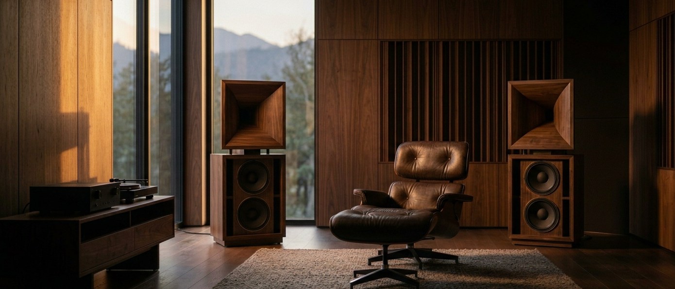 Sala de escucha dedicada con par de altavoces de bocina en madera