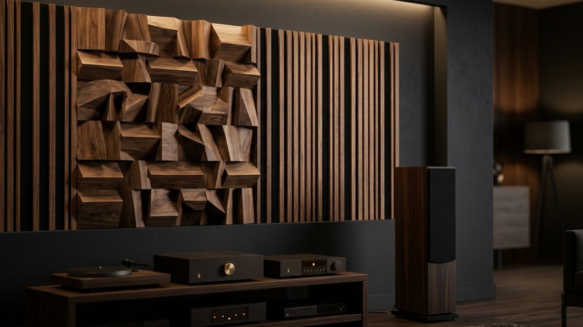 Sala con tratamiento acústico de madera a la vista